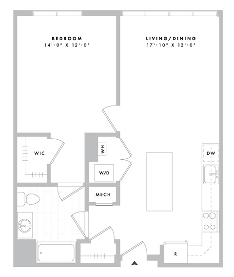 Floor plan for 1 bed, 1 bath, 784 sqft